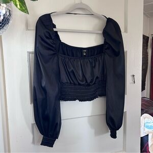 AFRM Black Satin Long Puff Sleeve Smocked Crop Top